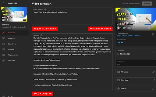 YouTube Baslike ve Aciklama Optimizasyon Hizmetleri - Chrome Extension - AI Tool Ocean